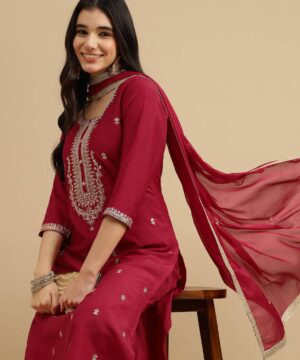 Rani Pink Embroidered Chinon Kurta Dupatta Sets