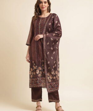 Brown Floral Printed Straight Kurta and Trousers With Dupatta