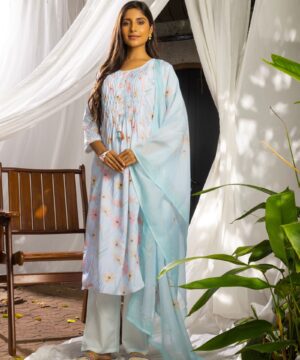 Floral-Printed Linen A-Line Kurta With Trouser & Dupatta
