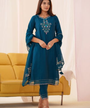 Roman Silk Teal Color Ethnic Motifs Embroidered Kurta With Trousers & Dupatta